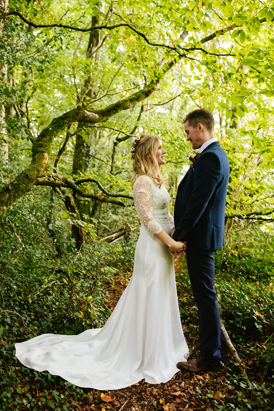 Bride groom autumnal embracing