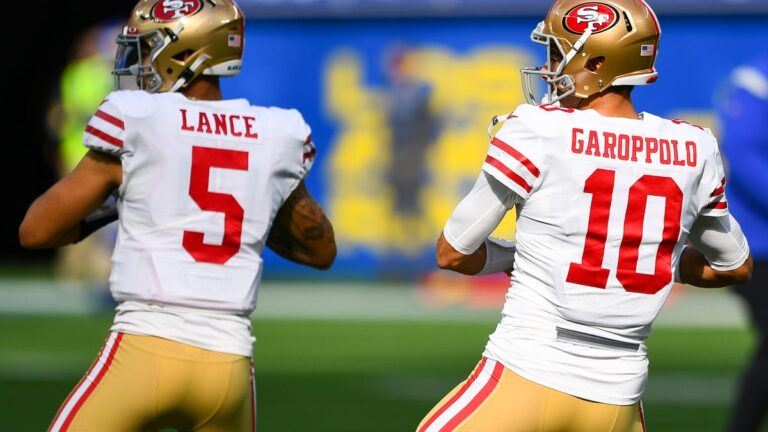 Jimmy G, Trey Lance, Kyle Shanahan attempting to tug of the unimaginable