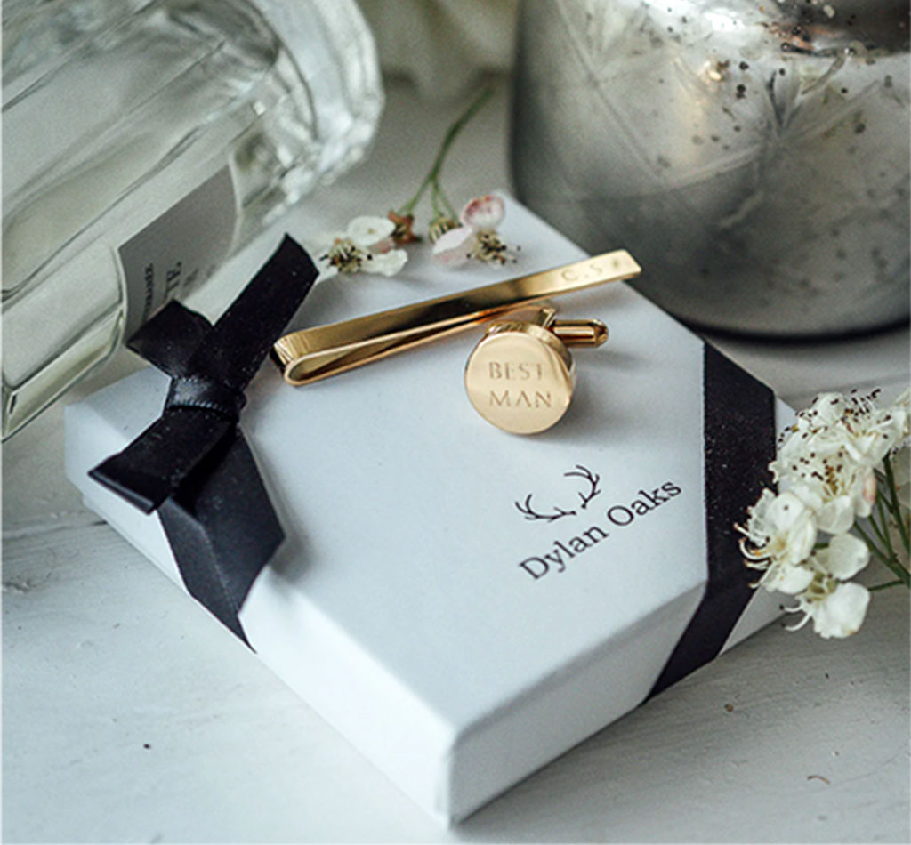 Best man cufflinks gold ribbon box