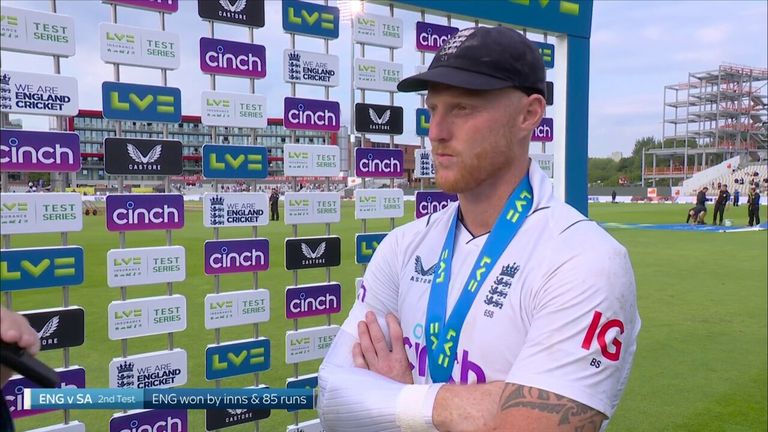 Ben Stokes gives his reaction after seeing his England side beat South Africa by an innings and 85 runs