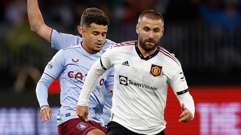 Luke Shaw controls the ball during the pre-season friendly match between Manchester United and Aston Villa 