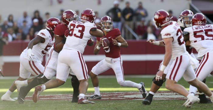 No. 2 Alabama (4-0, 1-0 in SEC) at No. 20 Arkansas (3-1, 1-1 in SEC), 3:30 p.m., Saturday, CBS