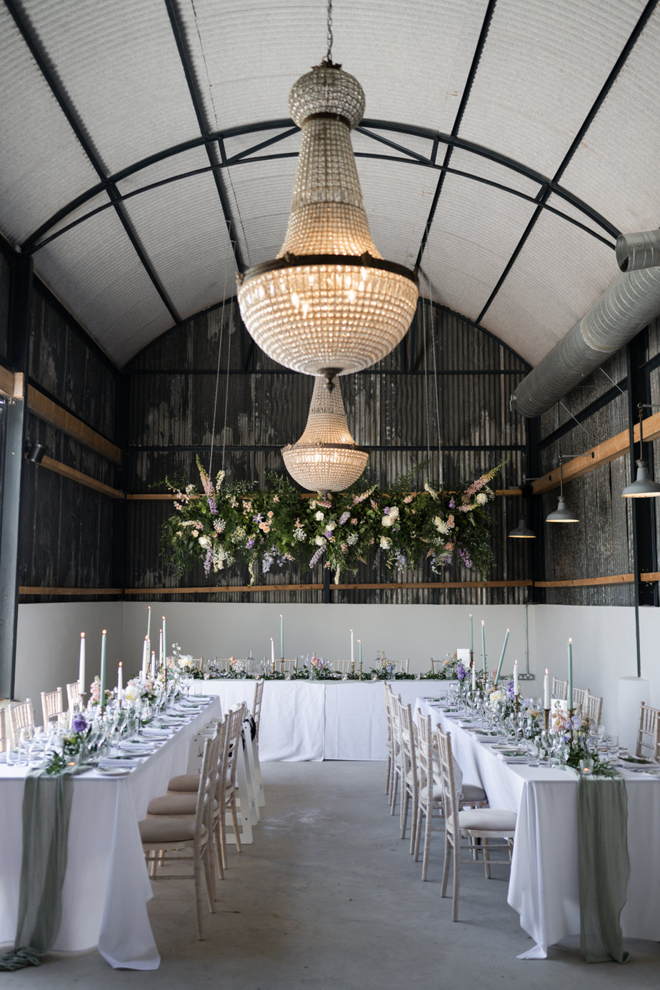 Empty dining room chandelier overhead