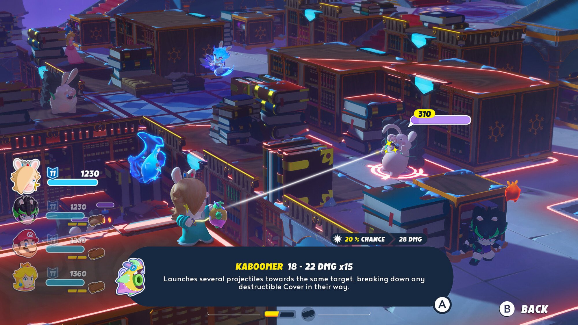 A screenshot of 'Mario + Rabbids: Sparks of Hope' showing Rabbid Rosalina in battle.