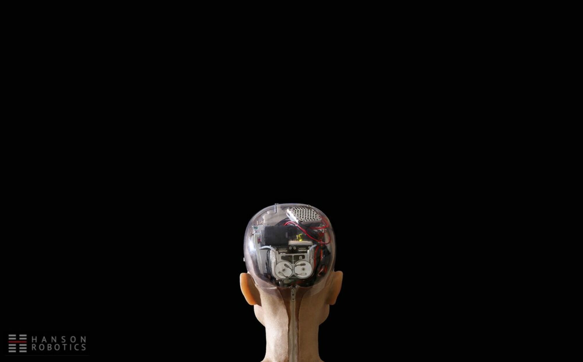 the back of Sophia the robot's head showing her mechanical parts