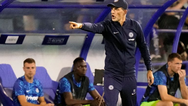 Chelsea's head coach Thomas Tuchel shouts during the Champions League group E soccer match between Dinamo Zagreb and Chelsea at the Maksimir stadium in Zagreb, Croatia, Tuesday, Sept. 6, 2022. (AP Photo/Darko Bandic)