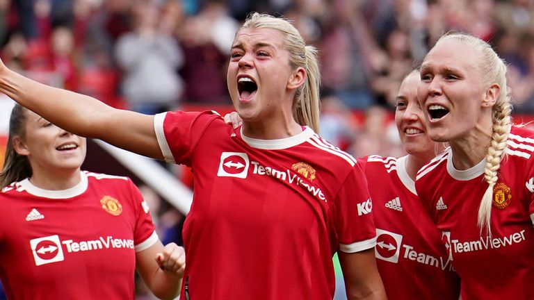 Alessia Russo celebrates after scoring her second goal against Everton