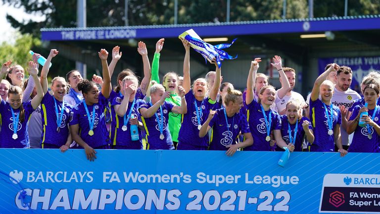 Chelsea's Magdalena Eriksson lifts the Barclays FA Women's Super League trophy after her side won the competition after the Barclays FA Women's Super League match at Kingsmeadow
