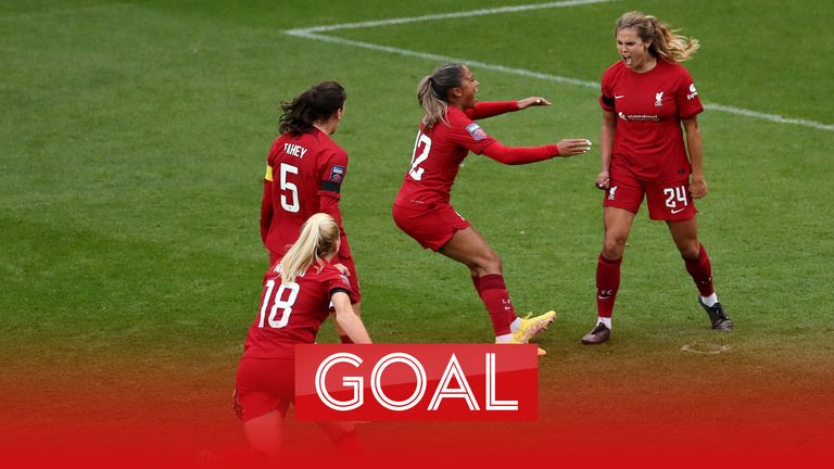 Katie Stengel of Liverpool celebrates with teammates after scoring their side's second goal from the penalty spot during the FA Women's Super League match between Liverpool FC Women and Chelsea FC Women at Prenton Park on September 18, 2022 in Birkenhead, England. 