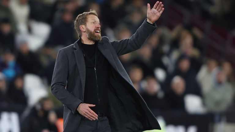 Brighton's head coach Graham Potter reacts during the English Premier League soccer match between West Ham United and Brighton and Hove Albion in London, England, Wednesday, Dec. 1, 2021. (AP Photo/Ian Walton)