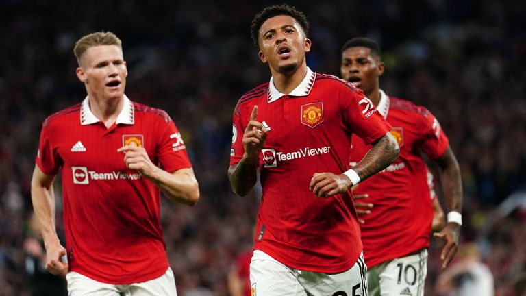 Manchester United's Jadon Sancho celebrates scoring against Liverpool at Old Trafford