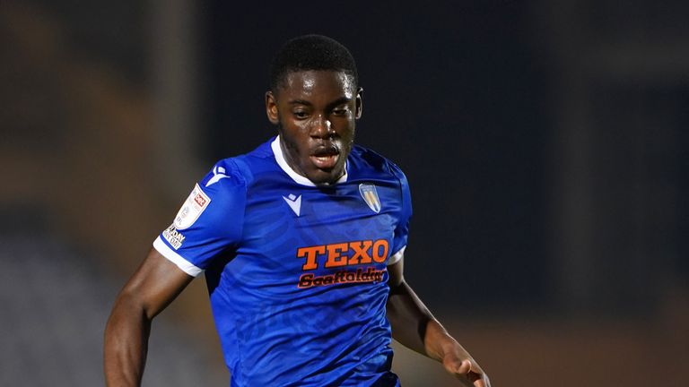 Colchester United's Junior Tchamadeu during the Papa John's Trophy match at the JobServe Community Stadium, Colchester. Picture date: Tuesday September 7, 2021.