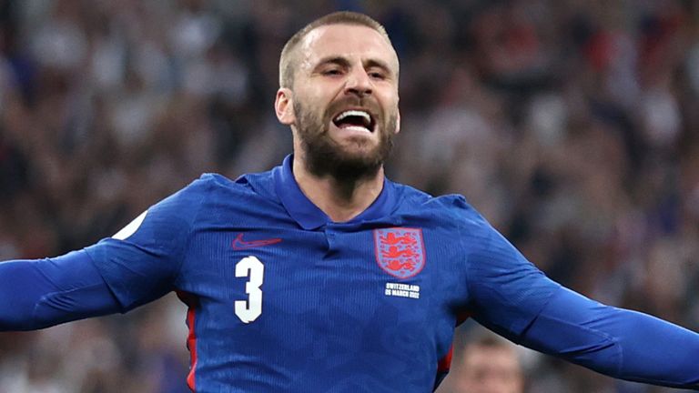 Luke Shaw celebrates after equalising for England against Switzerland