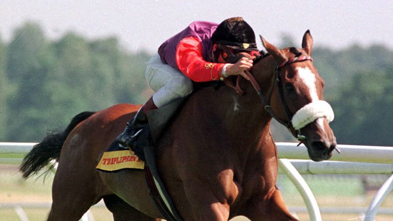 Frankie Dettori rides Phantom Gold to victory in the Geoffrey Freer Stakes at Newbury