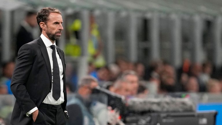 England's coach Gareth Southgate looks out during the UEFA Nations League soccer match between Italy and England at the San Siro stadium, in Milan, Italy, Friday, Sept. 23, 2022. (AP Photo/Antonio Calanni)