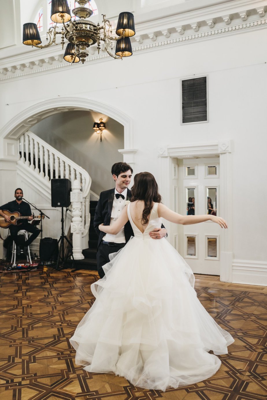 Bride and groom dancing dress detail dance ballroom band playing