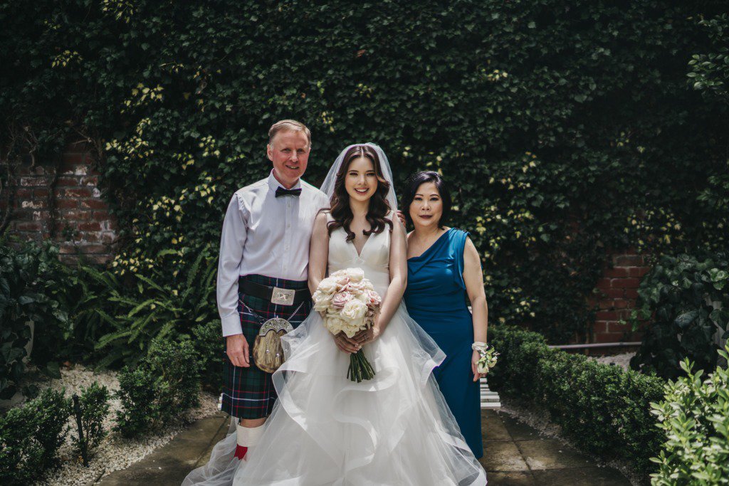 Bride father and mother wedding puffy dress gown