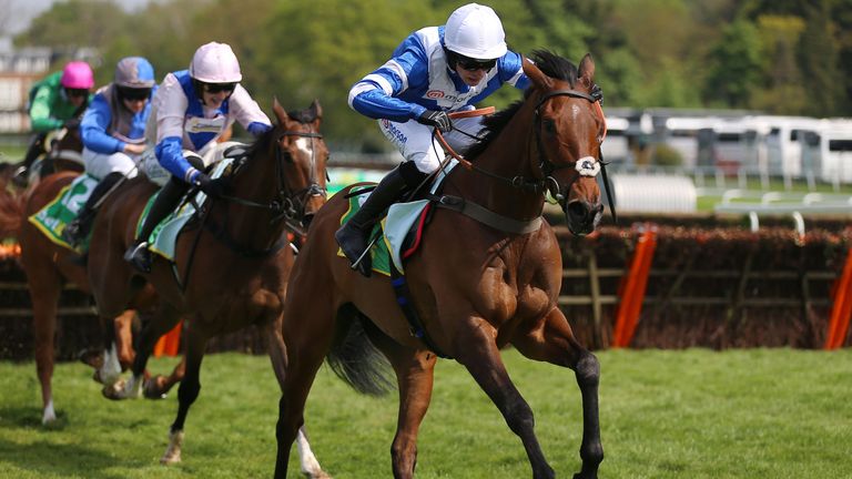 Knappers Hill ridden by Harry Cobden goes on to win the bet365 Novices' Championship Final Handicap Hurdle 