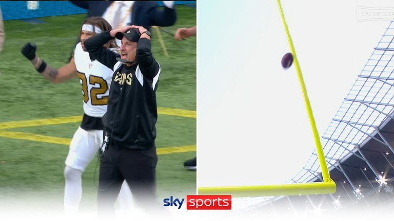 Wil Lutz, who nailed a 60-yarder earlier in the game, steps up for a 61-yarder to send it to overtime, but watches the ball bounce off the upright twice