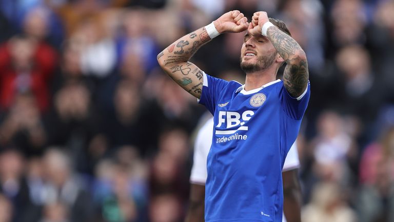 Leicester's James Maddison reacts to dragging a shot wide against Crystal Palace