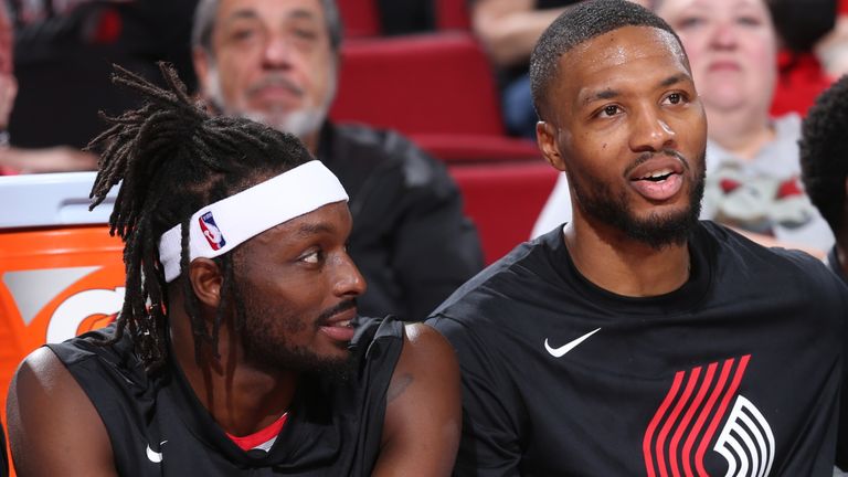 Jerami Grant (L) and Damian Lillard of the Portland Trail Blazers