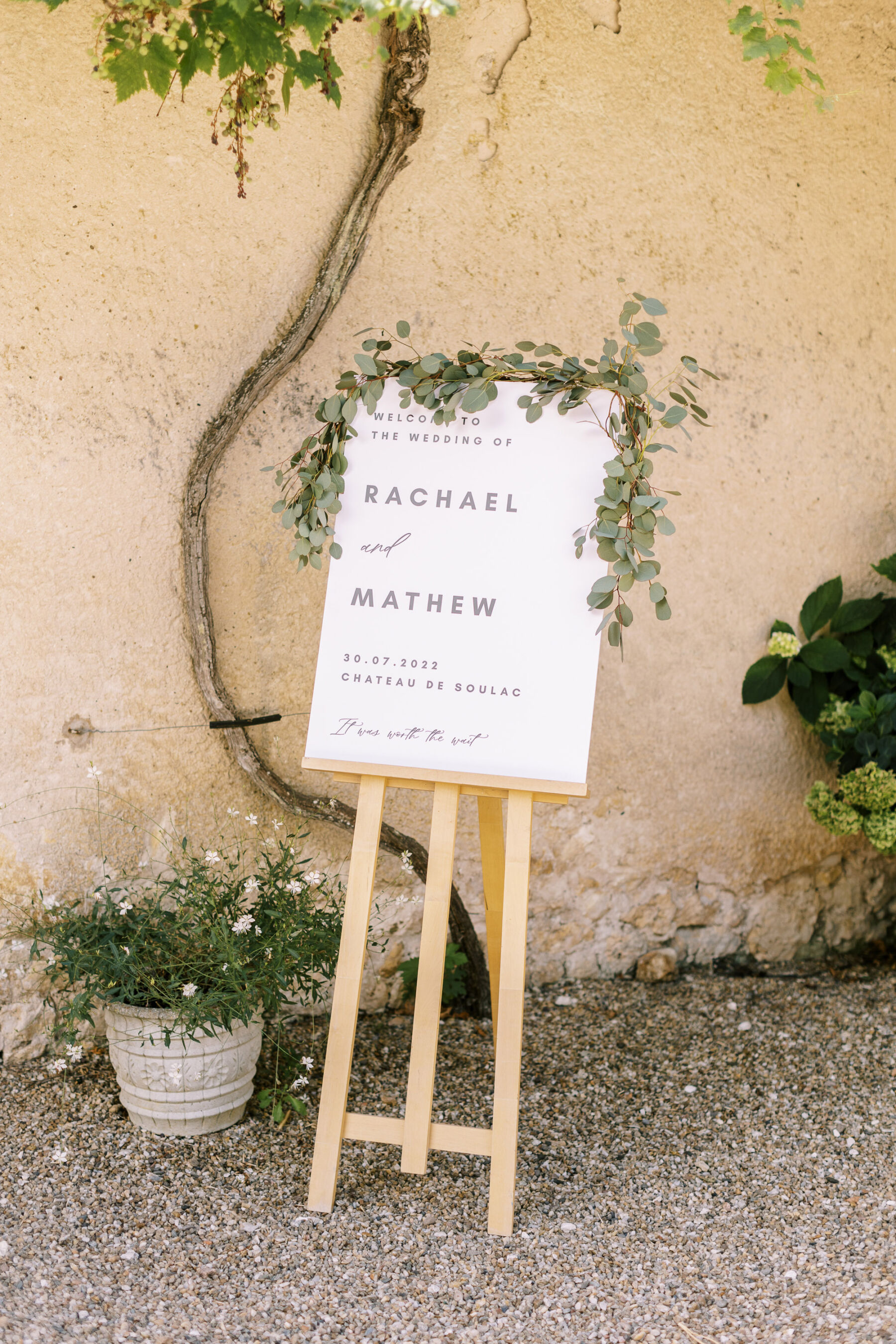 Easel wedding welcome sign + eucalyptus 