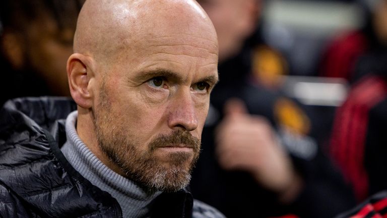Manchester United's head coach Erik ten Hag looks on at Craven Cottage