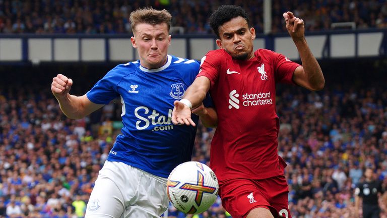 Everton's Nathan Patterson (left) and Liverpool's Luis Diaz battle for the ball