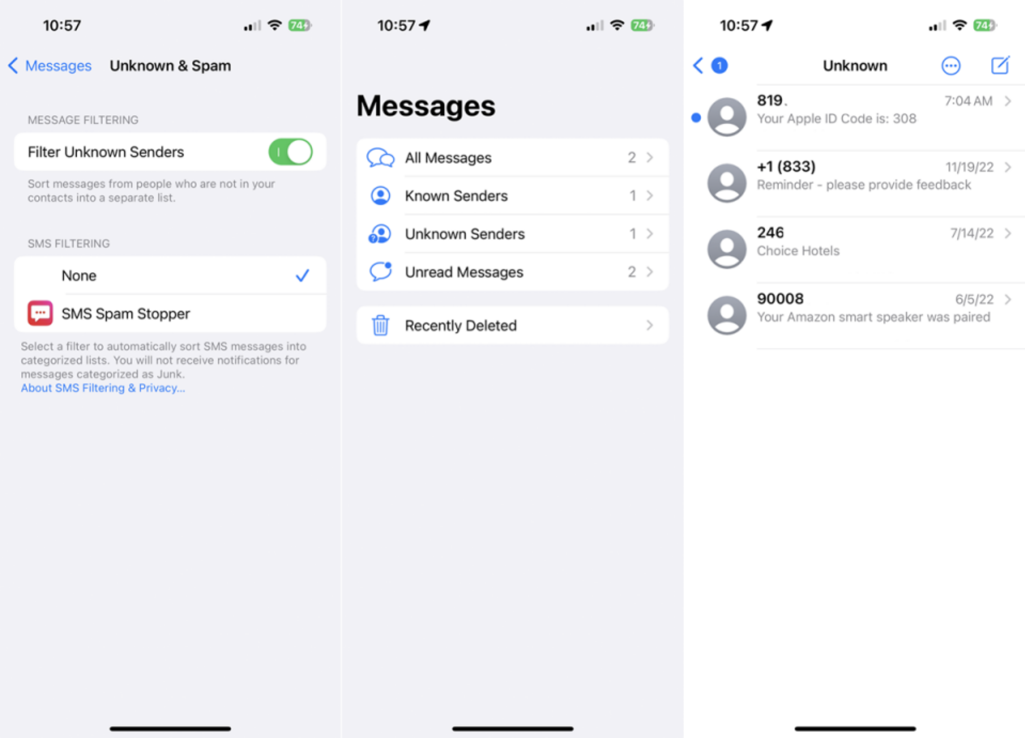 Filter messages by known or unknown senders
