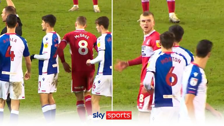 Middlesbrough's Riley McGree has ball thrown at his head by Blackburn's John Buckley