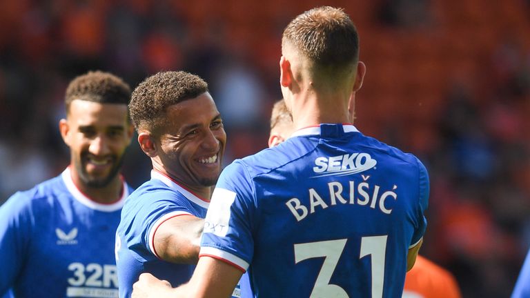 BLACKPOOL, ENGLAND - JULY 16: Rangers' Borna Barisic (R) celebrates making it 1-0 with James Tavernier during a pre-season friendly match between Blackpool and Rangers at Bloomfield Road, on July 16, 2022, in Blackpool, England. (Photo by Craig Foy / SNS Group)