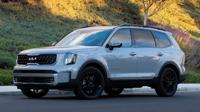 2024 Kia Telluride X-Line in grey with shrubs in the background.