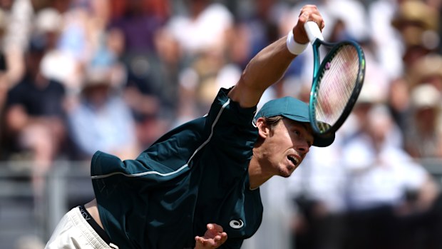 Alex de Minaur of Australia serves against Jiri Lehecka of Czechia during the Men's Singles First Round match on Day Nine of the 2025 HSBC Championships at The Queen's Club on June 17, 2025 in London, England. (Photo by Dan Istitene/Getty Images)
