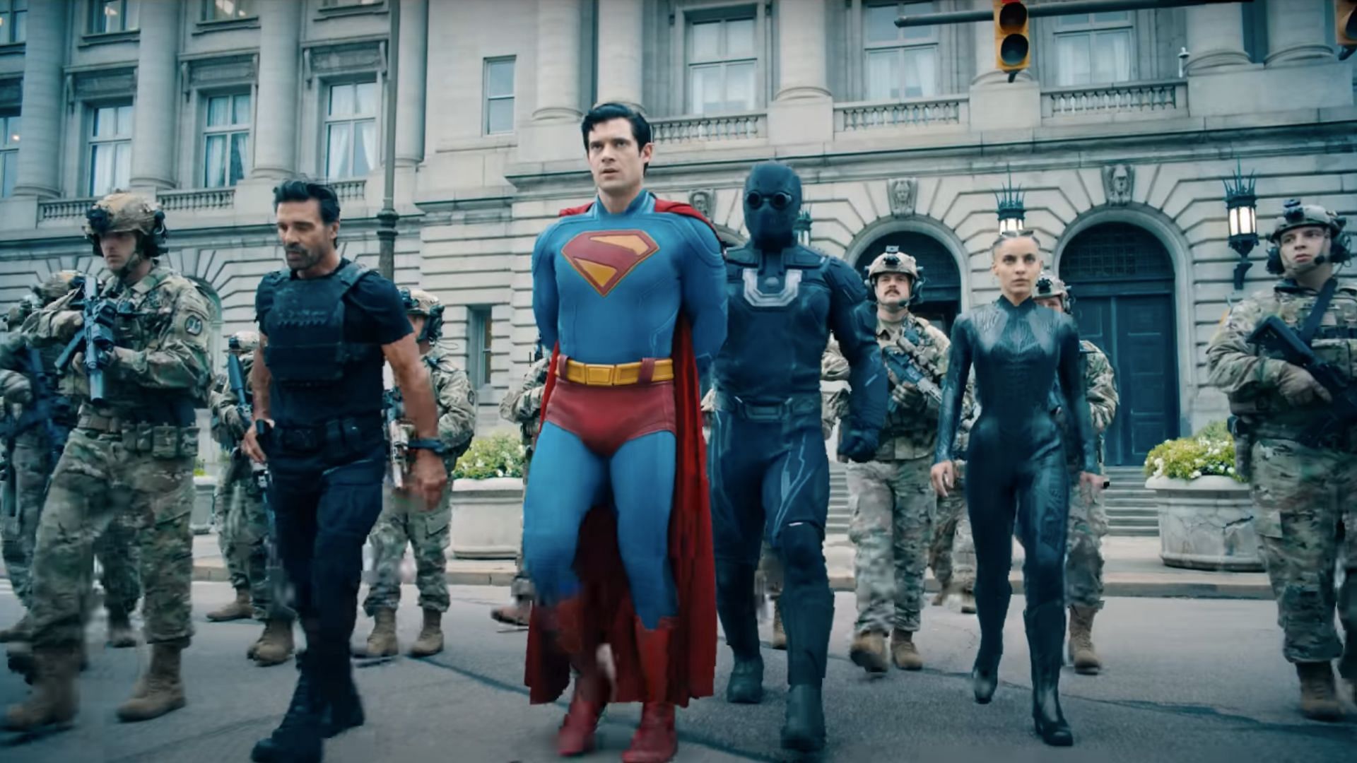 Ultraman (right of Superman) is a formidable villain in the movie (Image via YouTube/Warner Bros.)