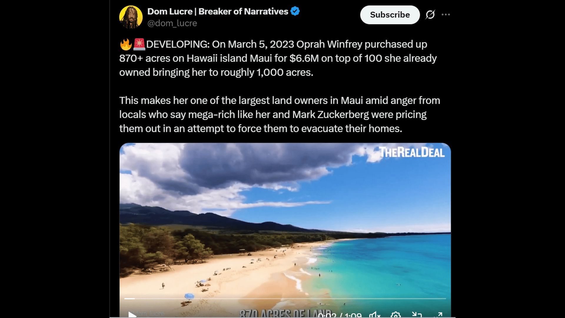 Winfrey purchased 870 acres of land in Maui in 2023. (Image via X)