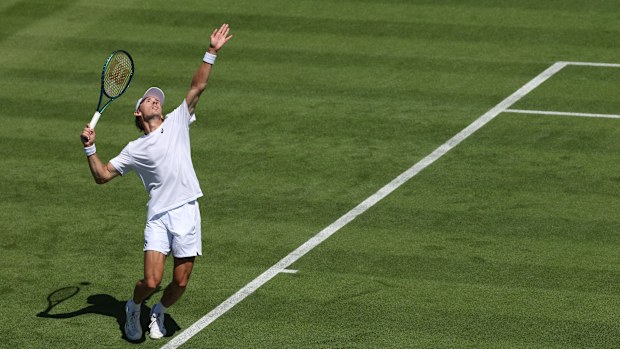 Alex de Minaur of Australia serves during a practice session prior to The Championships Wimbledon 2025 at All England Lawn Tennis and Croquet Club on June 27, 2025 in London, England. (Photo by Clive Brunskill/Getty Images)