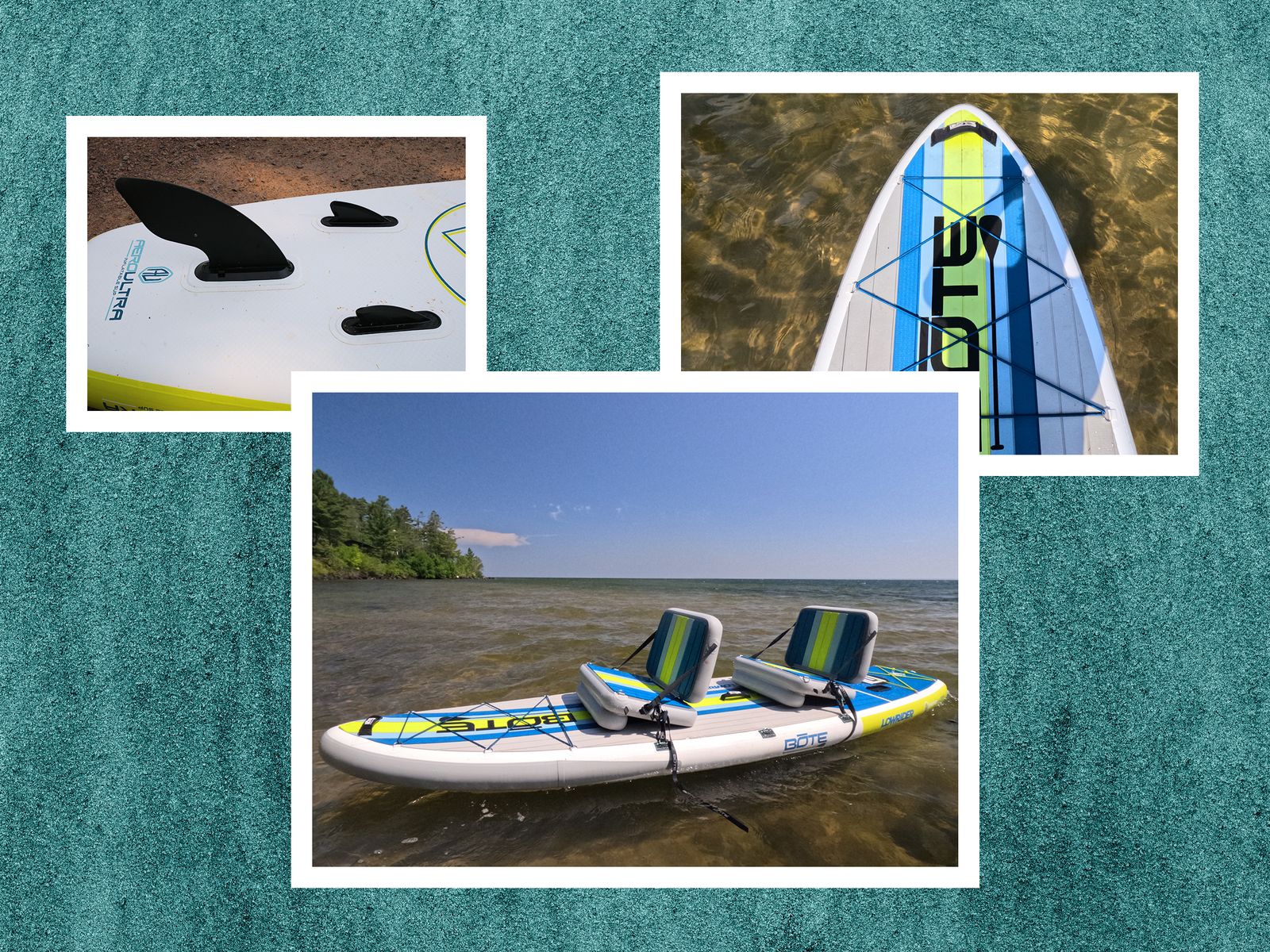 Different views of a paddleboard including a closeup of the fin a side view showing the 2 seats and an overhead view of...