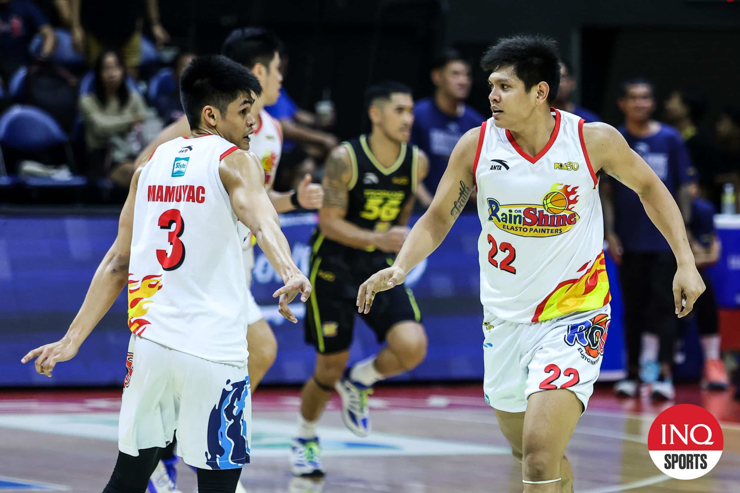 Rain or Shine Elasto Painters' Gian Mamuyac and Jhonard Clarito during a PBA Philippine Cup semifinals game against TNT Tropang 5G.