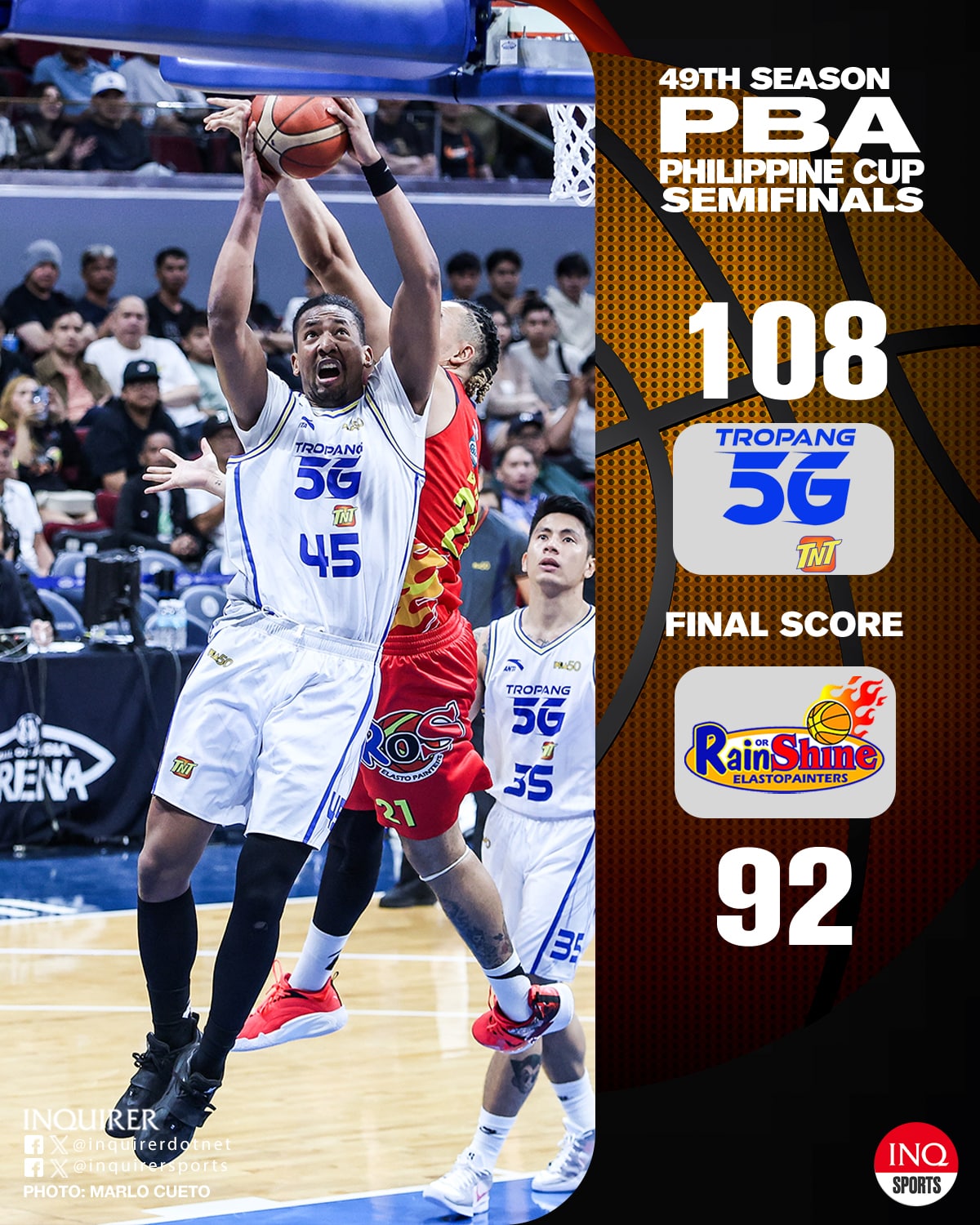 TNT moves a win closer to its third straight PBA Finals after taking Game 4 over Rain or Shine, 108-92, and the pivotal 3-1 lead.