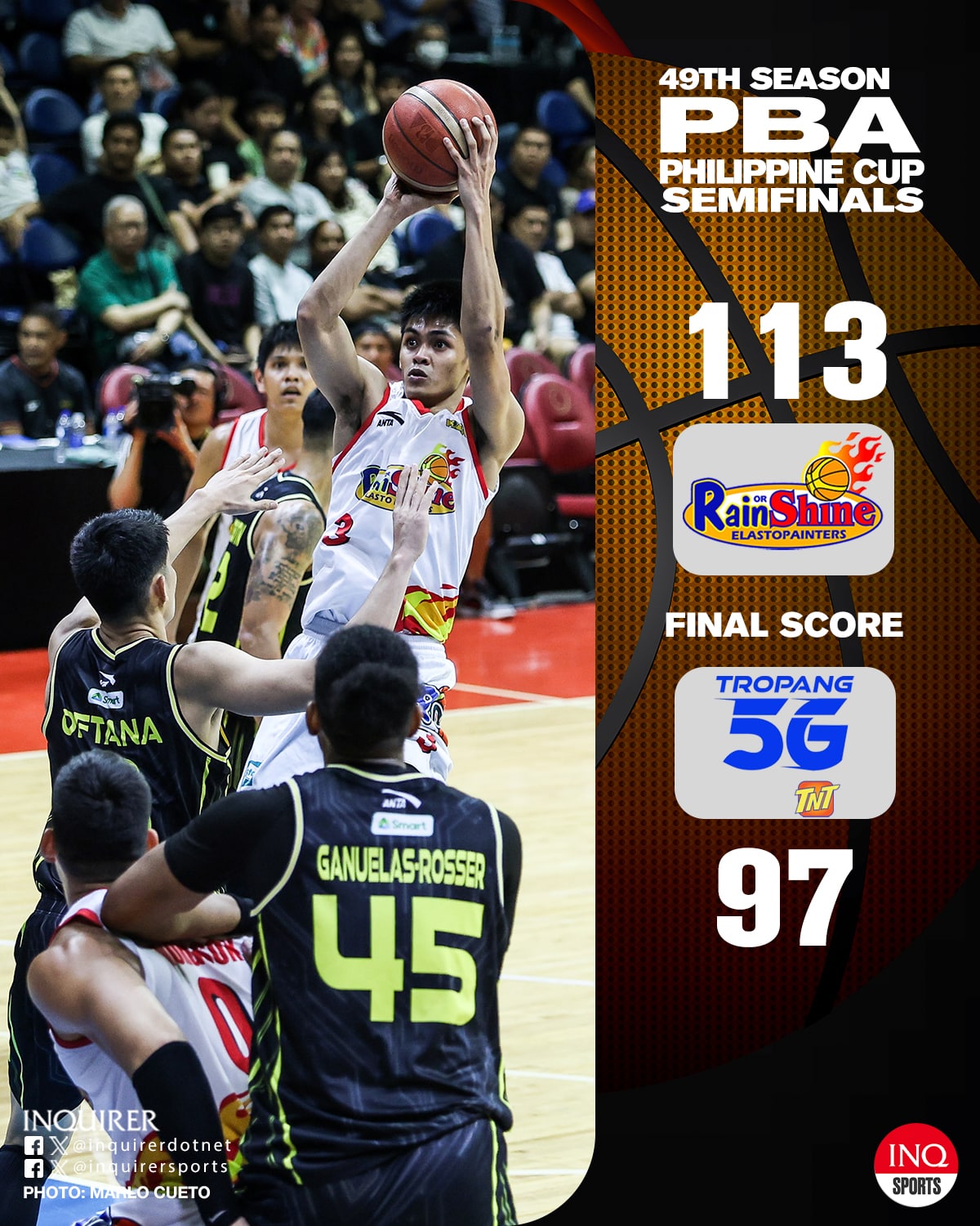 IT’S NOT RAINY FOR RAIN OR SHINE TODAY! FINAL: Rain or Shine stays alive in its semis series with TNT after winning PBA Philippine Cup semifinals Game 5, 113-97. Tropang 5G still leads the series at 3-2.