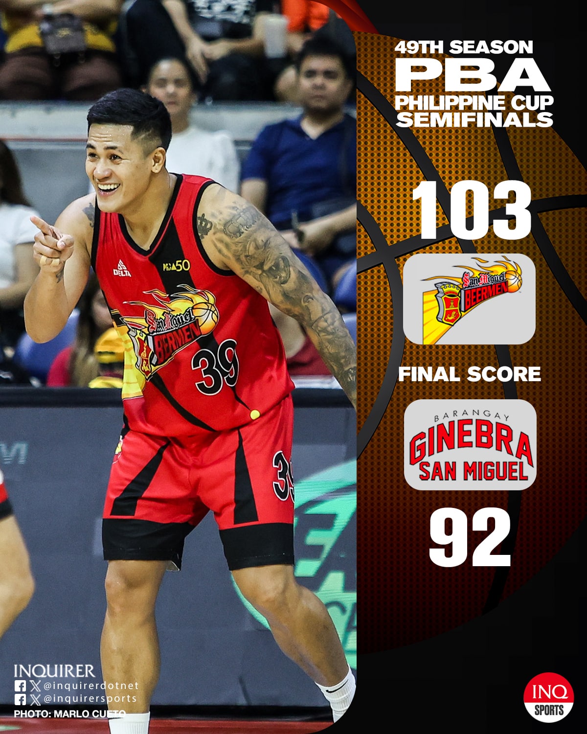 FINAL: San Miguel takes 3-2 series lead in the PBA Philippine Cup semifinals, beating Ginebra 103-92 in Game 5.