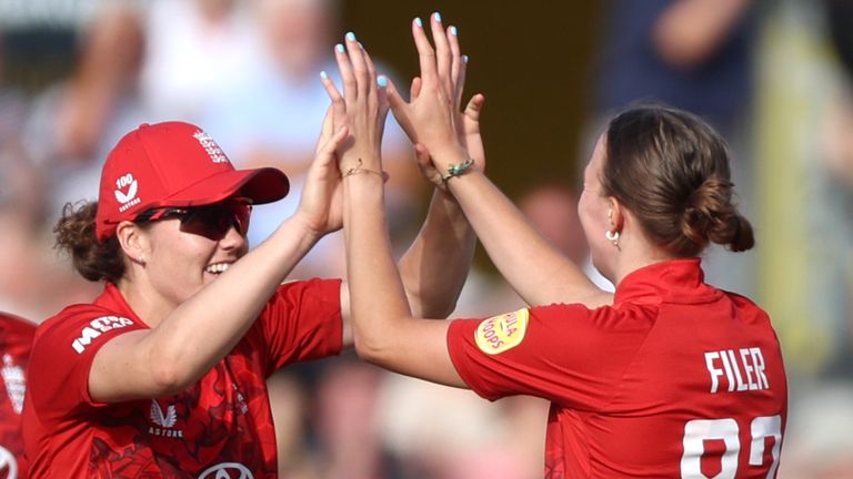 Lauren Filer celebrates taking wicket in second T20I vs India