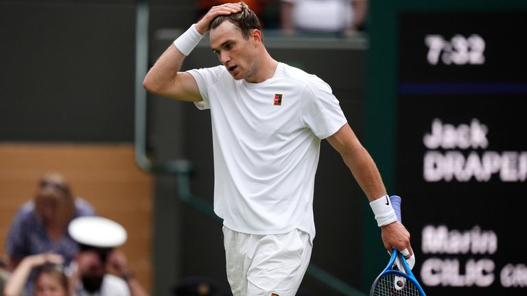 Jack Draper reacts during the match against Marin Cilic on day four of the 2025 Wimbledon Championships at the All England Lawn Tennis and C