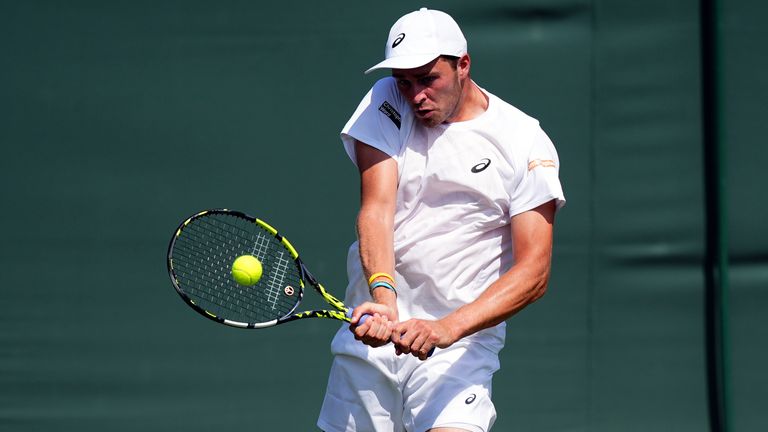 Johannus Monday during his match against Tommy Paul on day two of the 2025 Wimbledon Championships at the All England Lawn Tennis and Croque