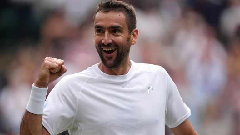 Marin Cilic celebrates victory against Jack Draper on day four of the 2025 Wimbledon Championships at the All England Lawn Tennis and Croque