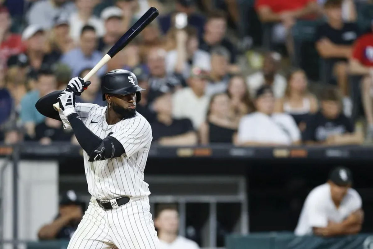 Jul 28, 2025; Chicago, Illinois, USA; Chicago White Sox center fielder Luis Robert Jr. (88) bats against the Philadelphia Phillies during the sixth inning at Rate Field. Mandatory Credit: Kamil Krzaczynski-Imagn Images