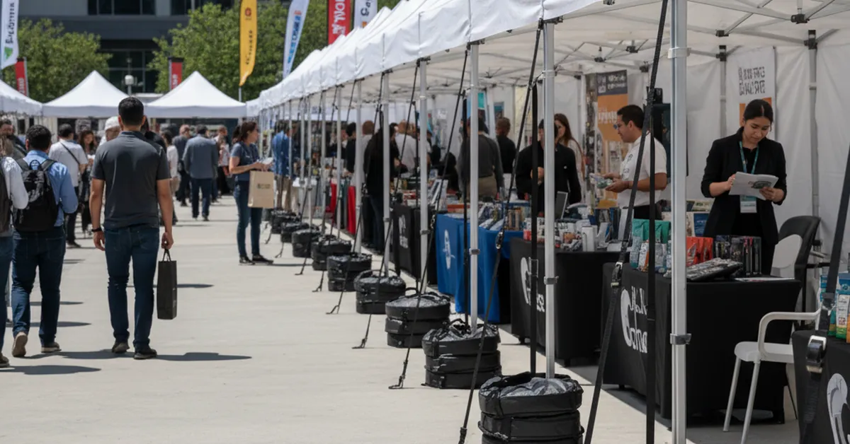 People walk between rows of white tents at an outdoor event with vendor booths. Exhibitors stand behind tables displaying products and information. It is a sunny day and attendees carry bags as they explore the booths.