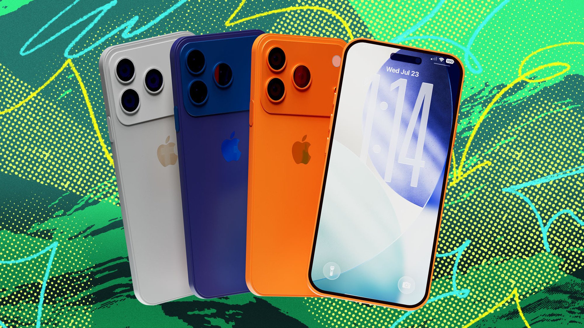 a row of iPhone 17 phones on a green background