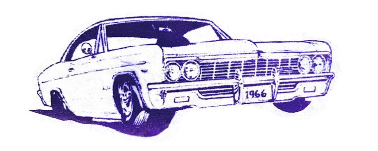 Purple line drawing of a classic car that is lifted on one side. The license plate reads 1966.