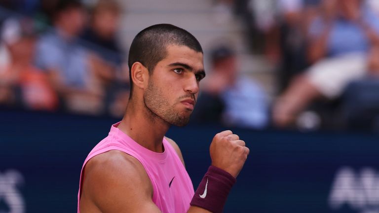 Carlos Alcaraz, of Spain, reacts after winning the first set over Arthur Rinderknech, of France, during the fourth round of the U.S. Open tennis championships, Sunday, Aug. 31, 2025, in New York. (AP Photo/Heather Khalifa)